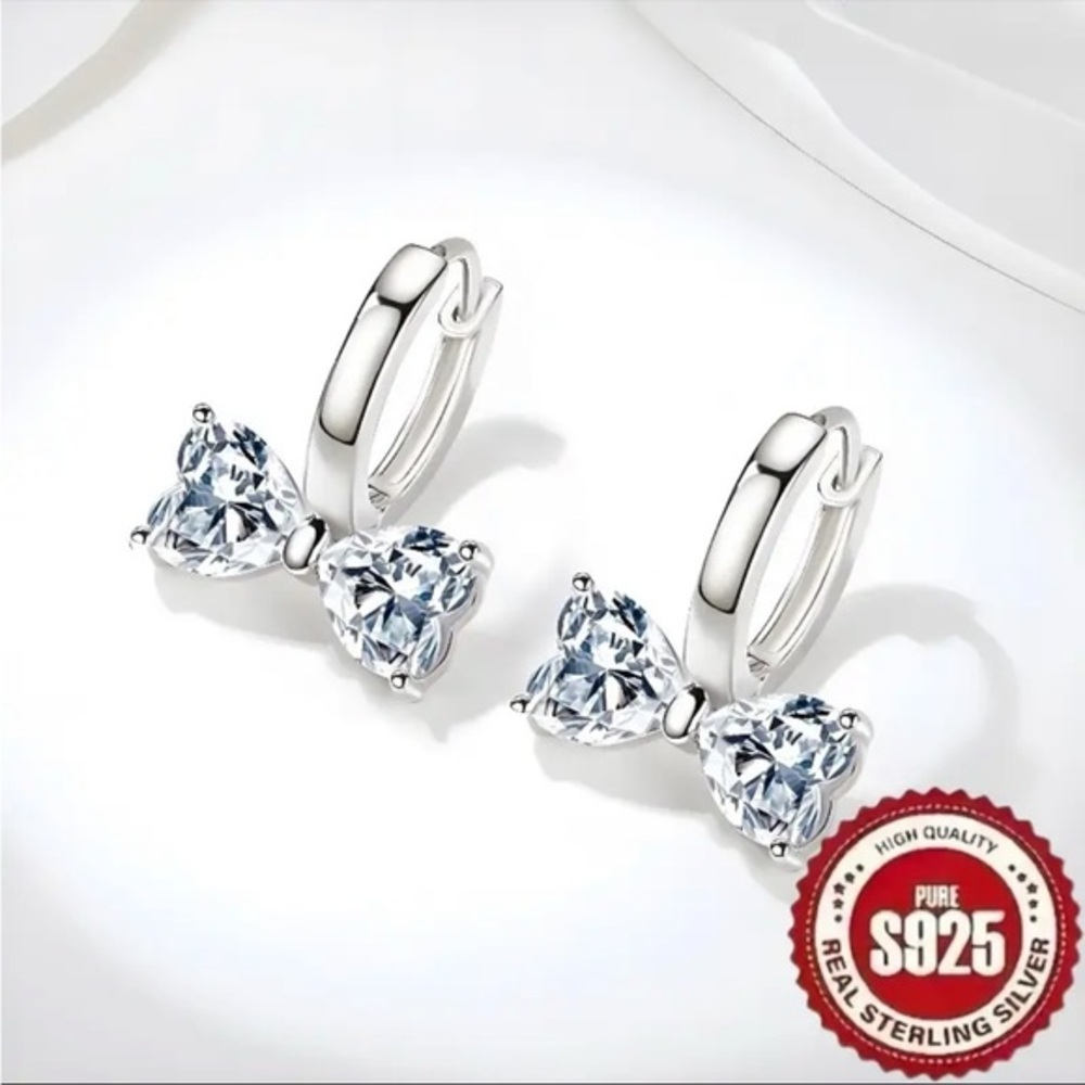 S925 Sterling Silver CZ Bow Hoop Earrings NWT